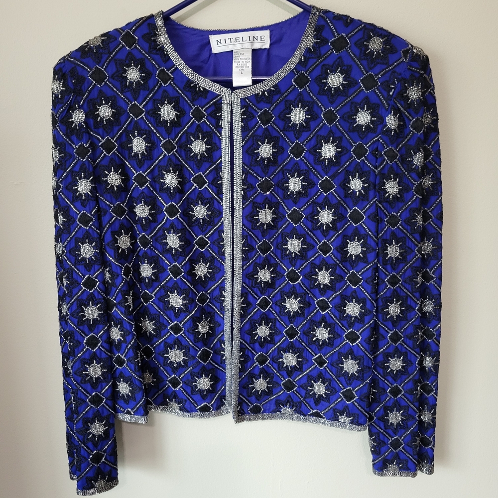 Vintage Niteline 100% Silk Beaded Sequin Cropped Jacket Royal Blue Size Large
